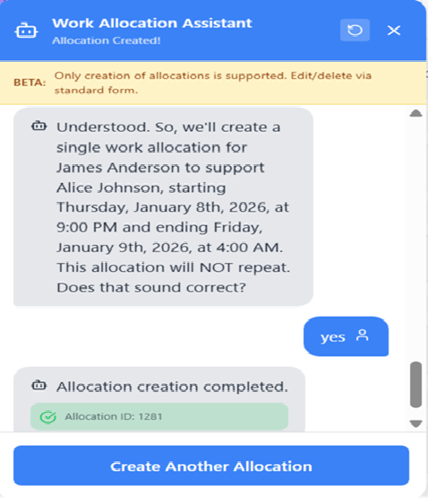 Successful Allocation Creation