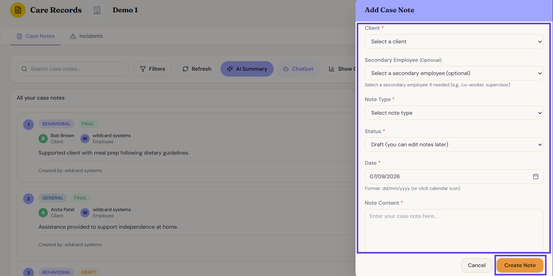The Add Case Note panel with Client, Secondary Employee, Note Type, Status, Date, and Note Content fields.