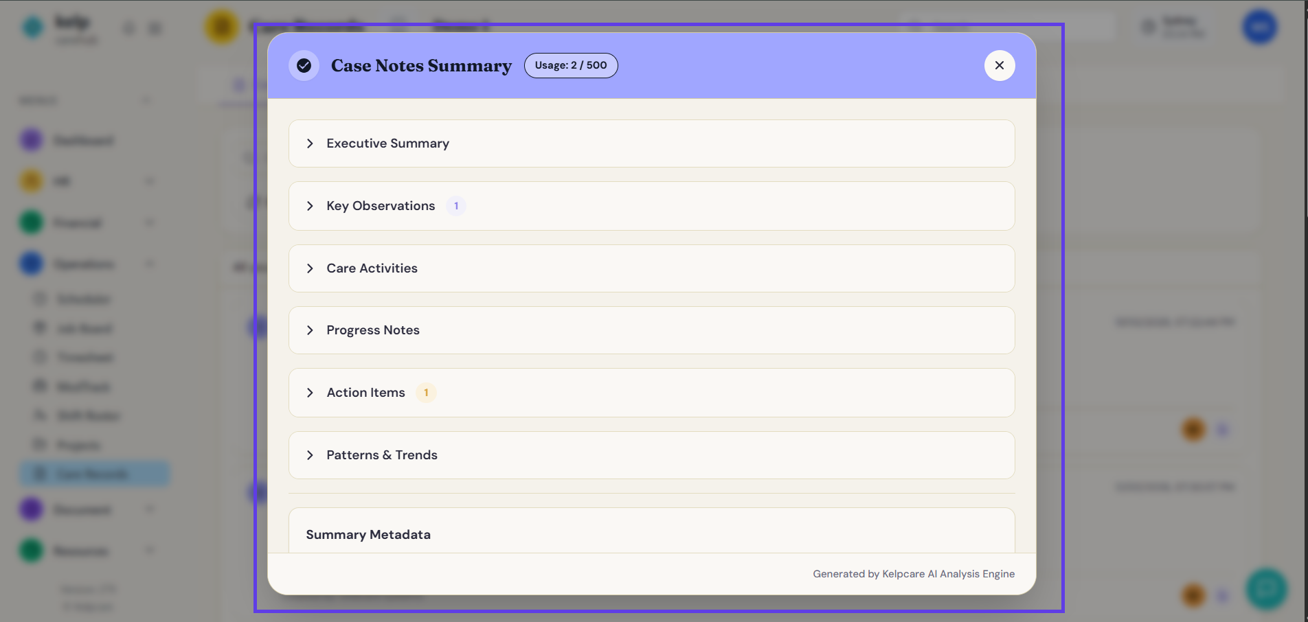 The Case Notes Summary panel, with expandable sections: Executive Summary, Key Observations, Care Activities, Progress Notes, Action Items, Patterns & Trends, and Summary Metadata. A usage counter reads 2/500.