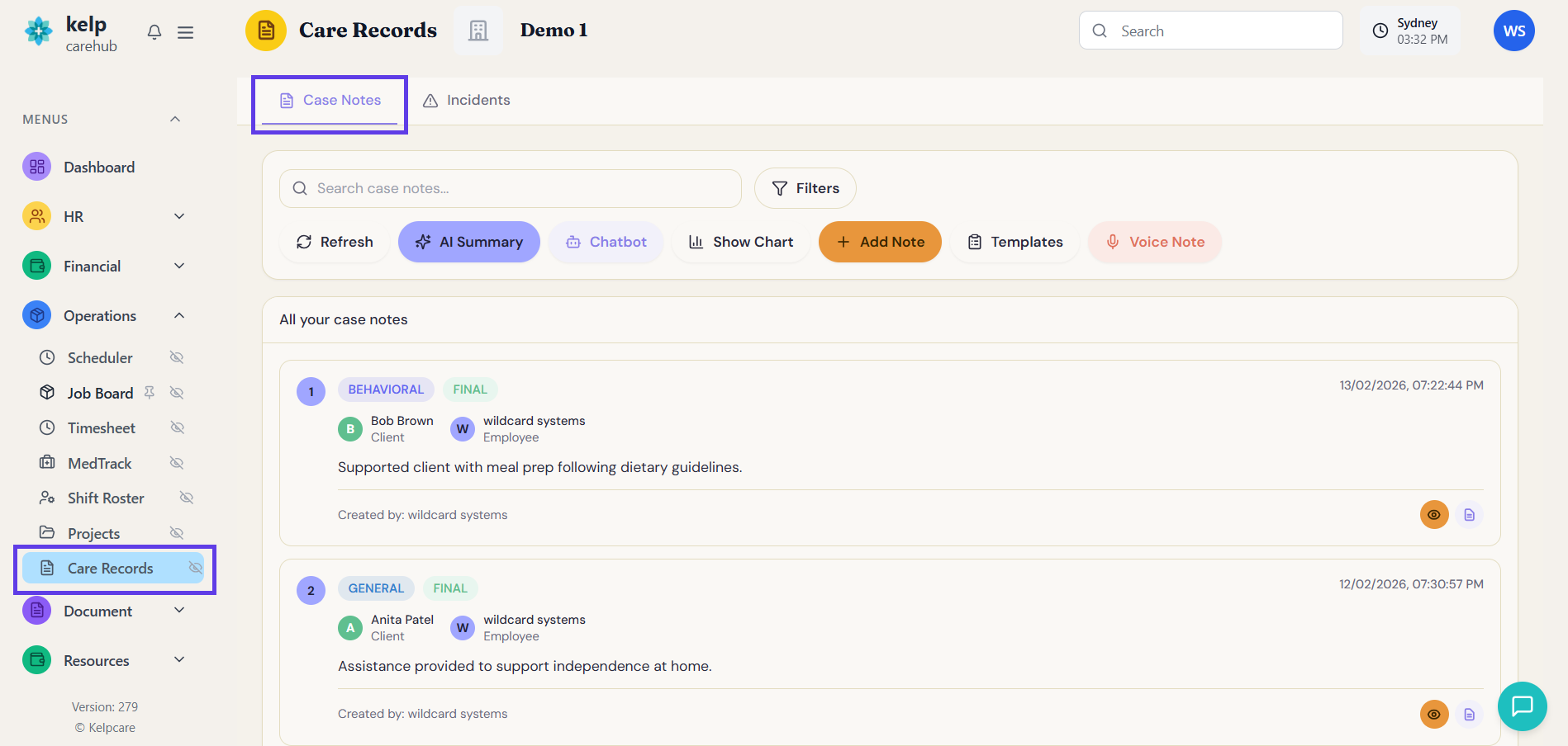 The Care Records Case Notes tab, showing the toolbar and a list of case notes, each with type and status tags, client and employee, and a content preview.