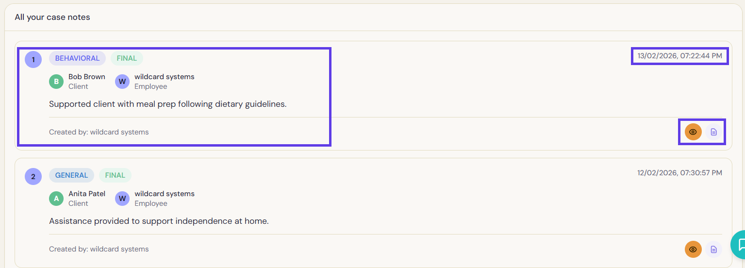 The View Case Note panel, showing type and status tags, a Locked indicator, client and employee, Note Date and Note Time, Note Content, and Created/Updated timestamps.