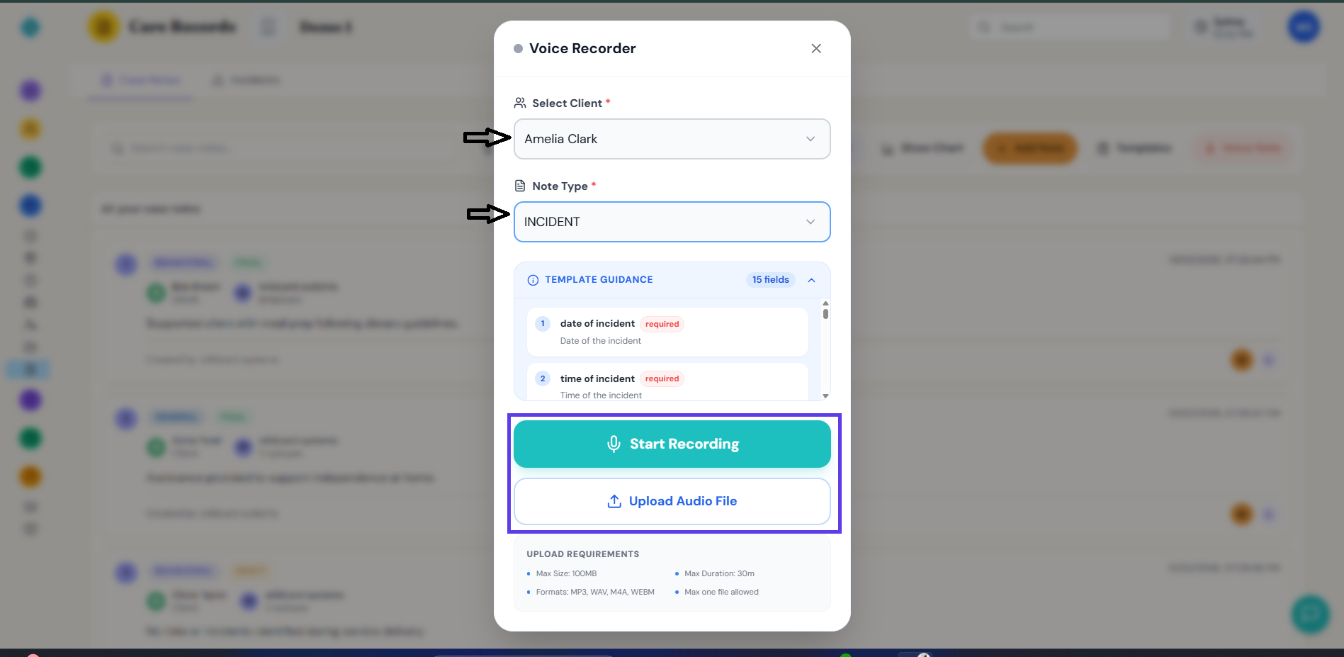 The Voice Recorder start screen, with Select Client, Note Type, Template Guidance showing required fields, Start Recording, and Upload Audio File options.