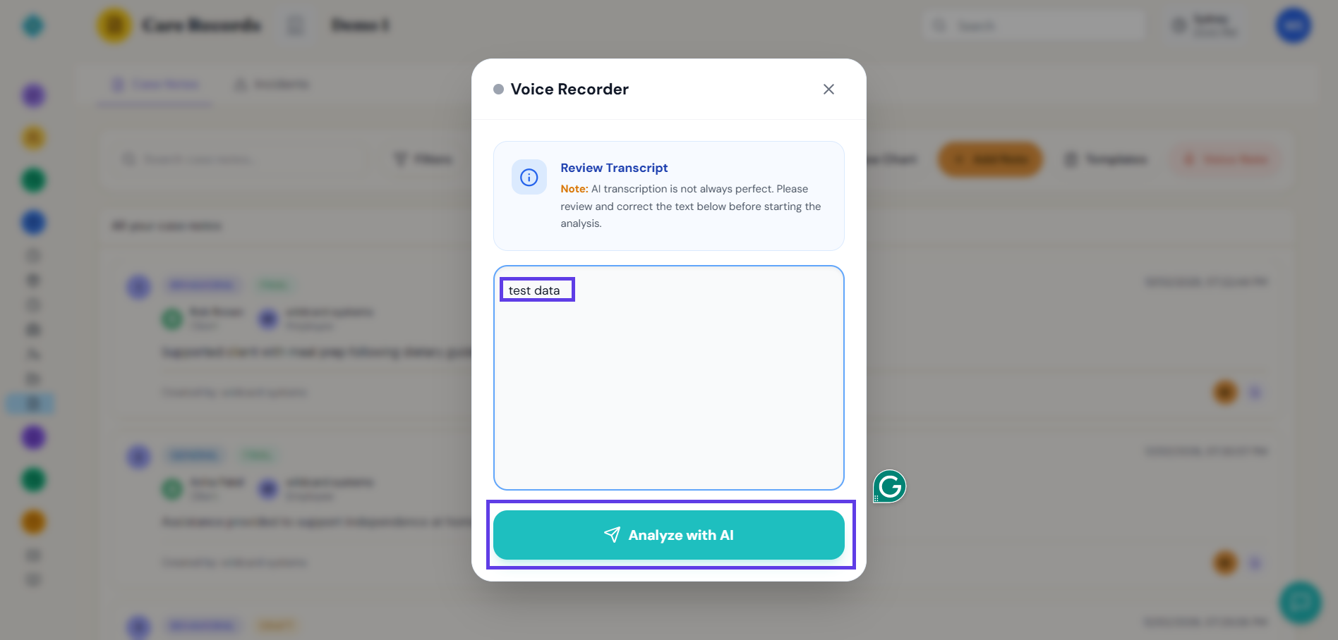 The Voice Recorder transcript review screen, with an editable text box and an Analyze with AI button.