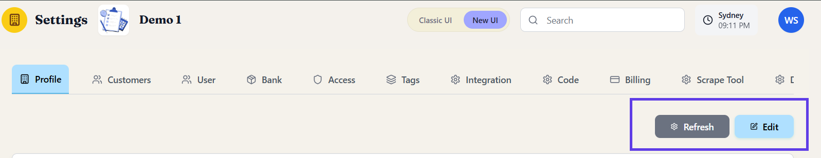The Refresh and Edit buttons in the top-right corner of the Profile tab.