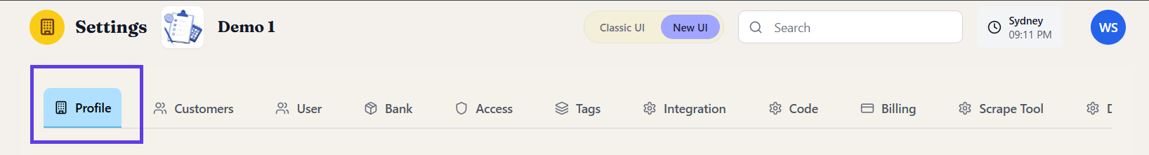 The Settings tab bar, with Profile, Customers, User, Bank, Access, Tags, Integration, Code, Billing and Scrape Tool.