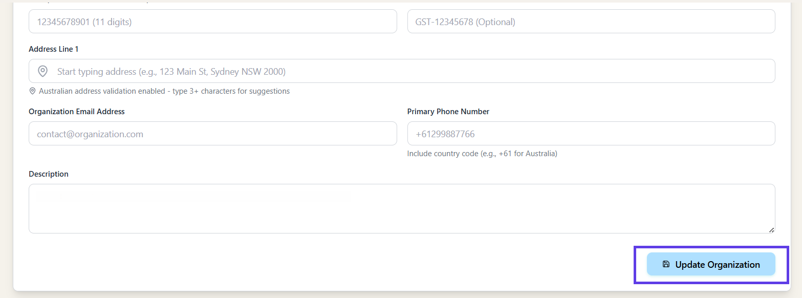 The Update Organization button in the bottom-right corner of the edit form.